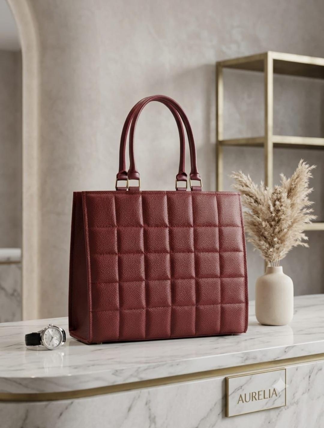 Quilted Box Tote — Burgundy
