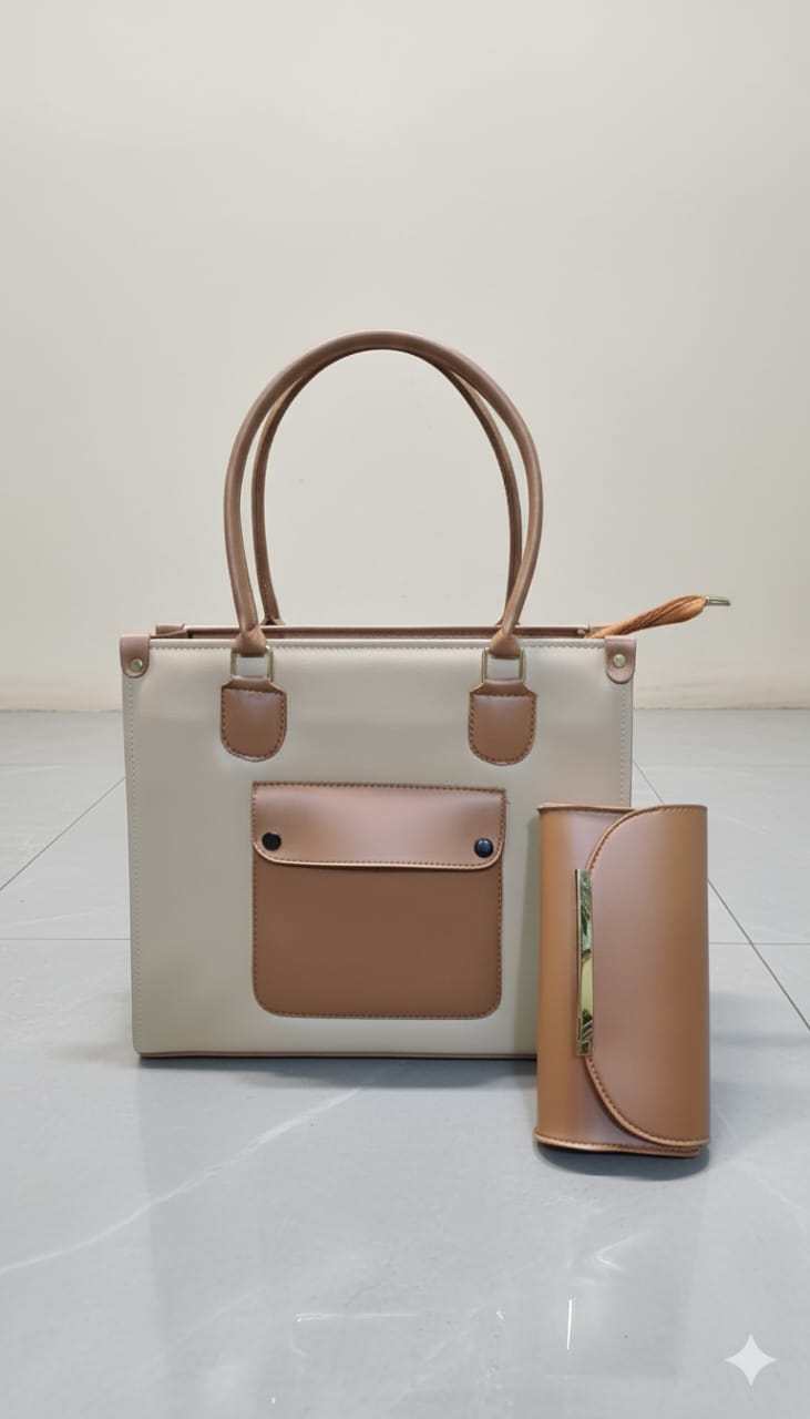 Pocket Tote Set — Cream & Tan