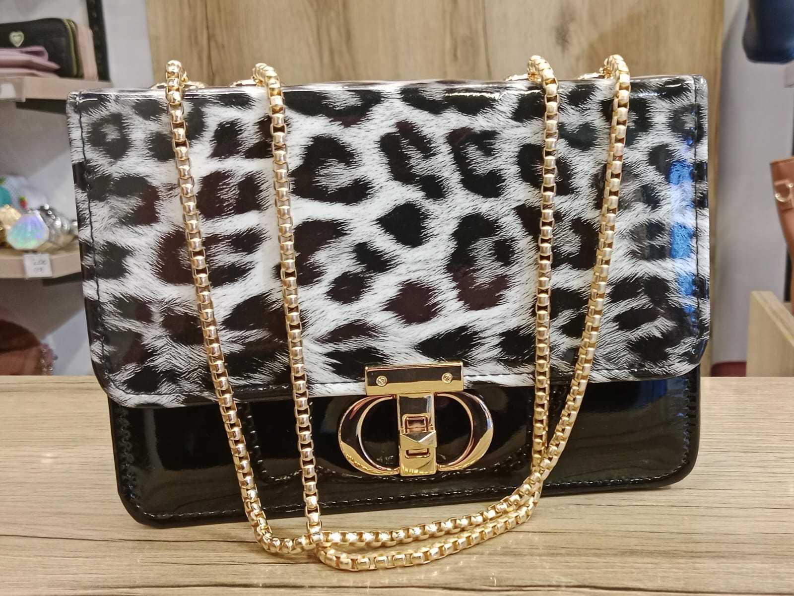 Leopard Chain Clutch — Snow