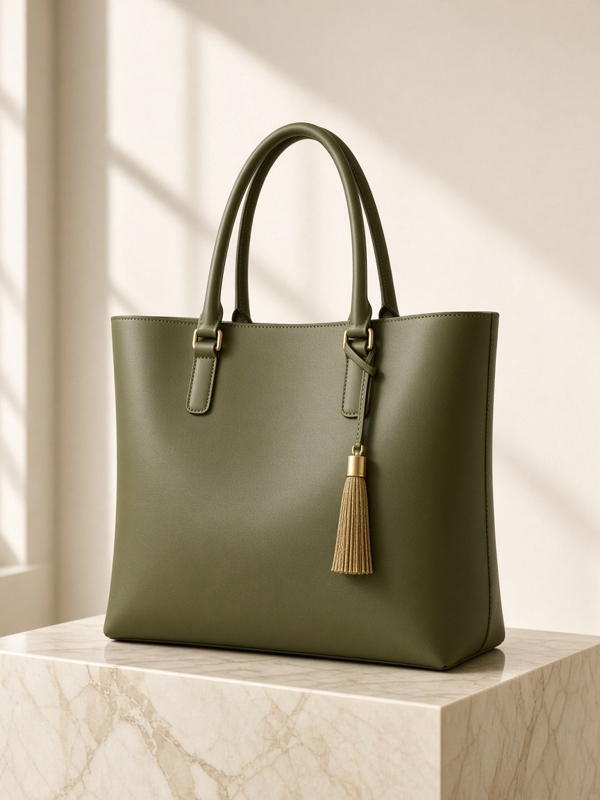 Olive leather shopper tote with a gold tassel