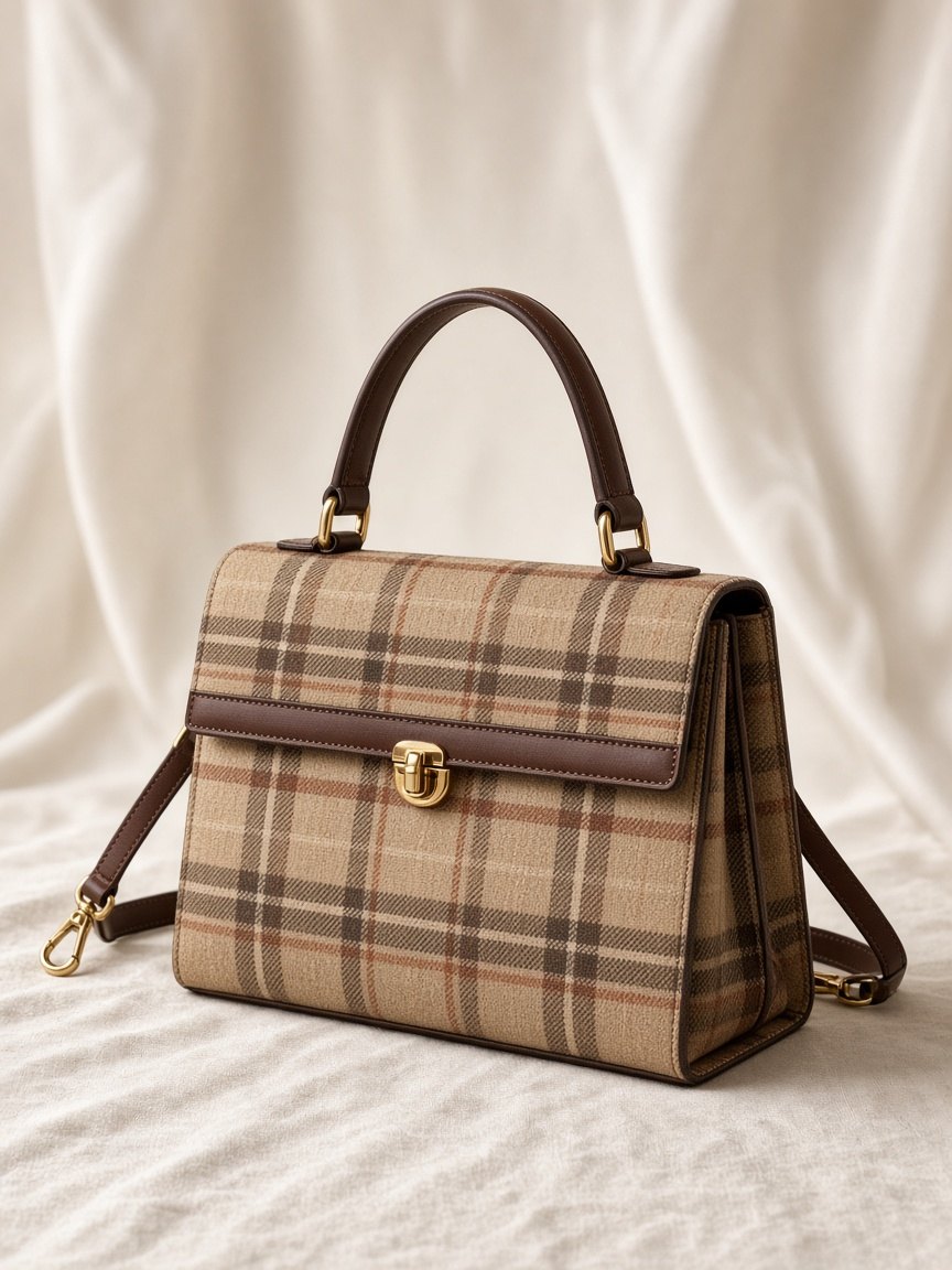 Camel plaid structured handbag with leather handles