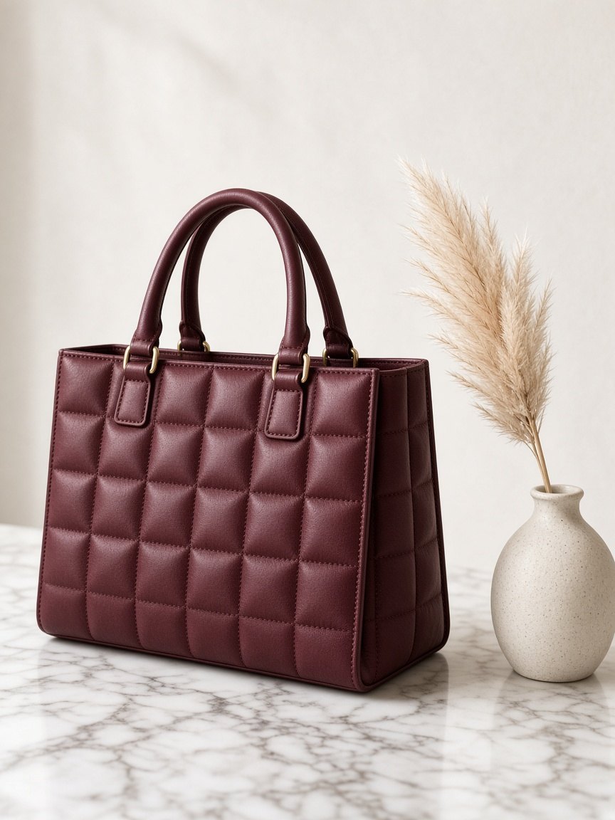 Burgundy quilted box tote on marble