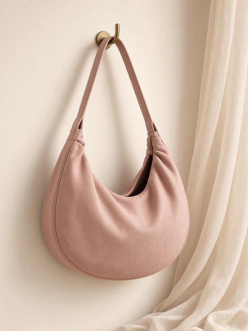 Blush crescent hobo bag on a brass hook