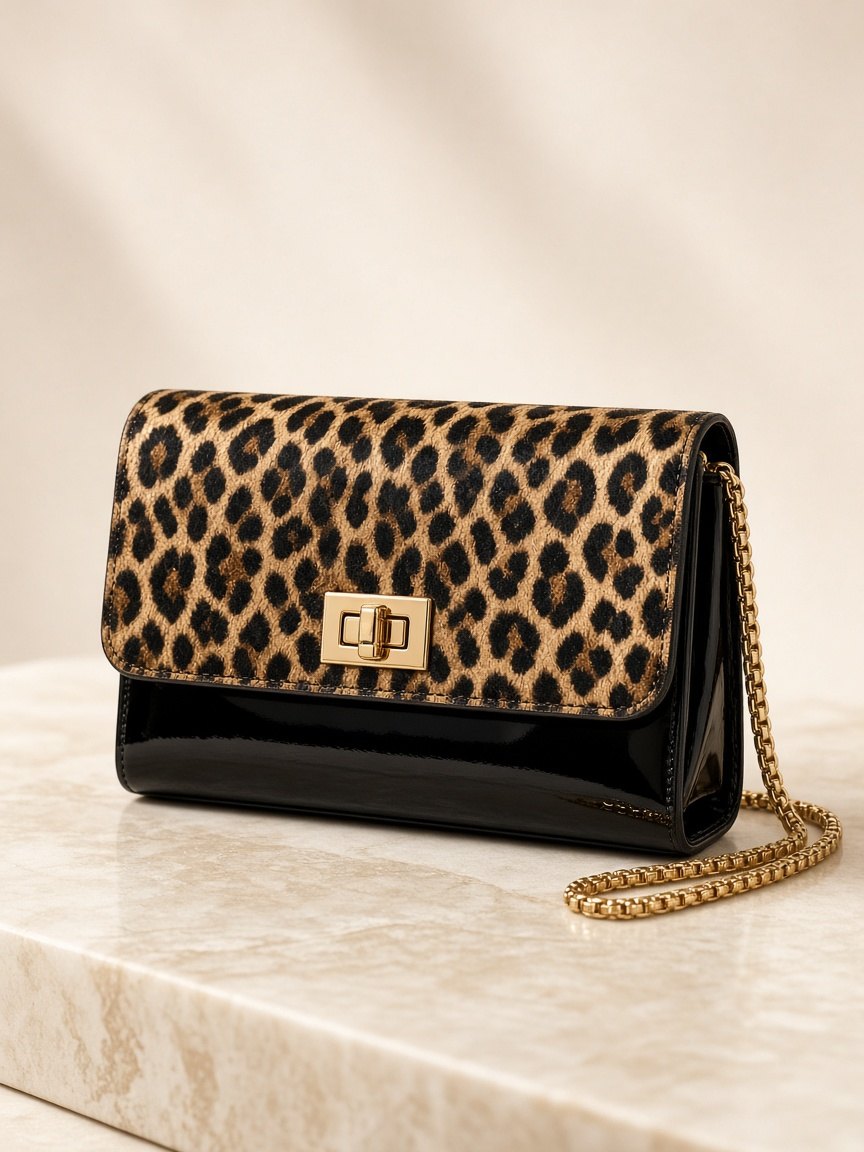 Leopard-print flap clutch with a gold chain